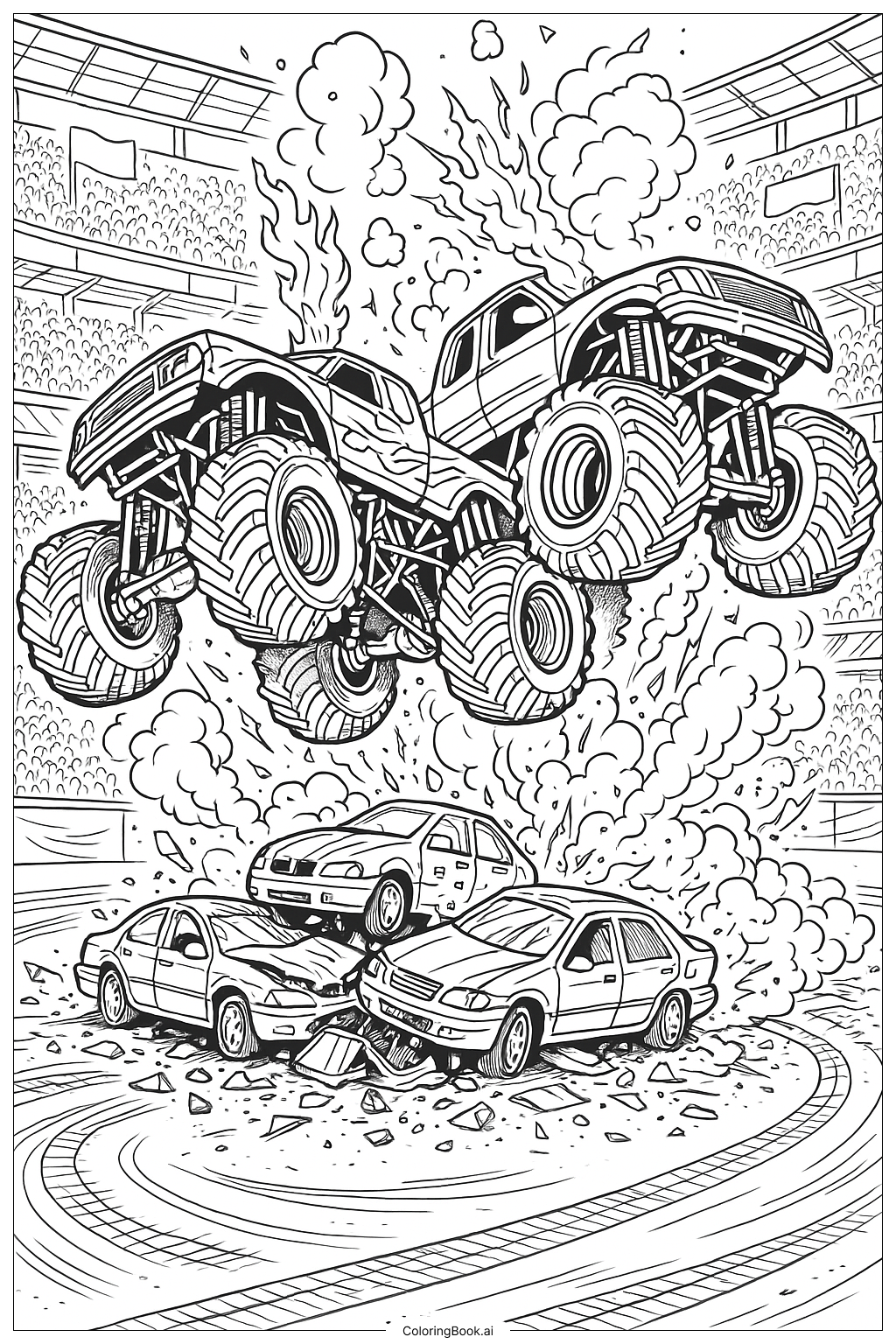  爆発的モンスタージャム多台車クラッシュの塗り絵ページ 