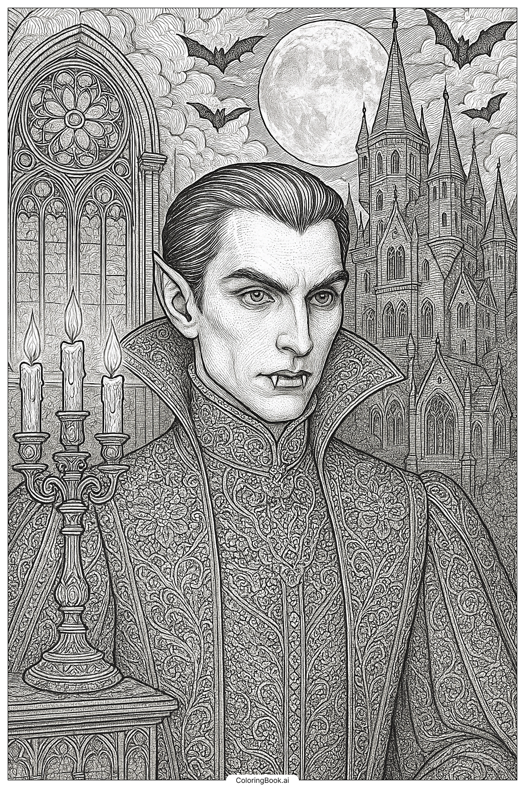 Página para colorir de Vampiro com Roupas de Renda Intrincada