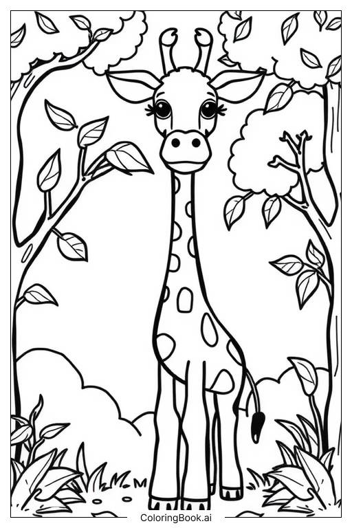  Page de coloriage Girafe qui ramasse des feuilles 