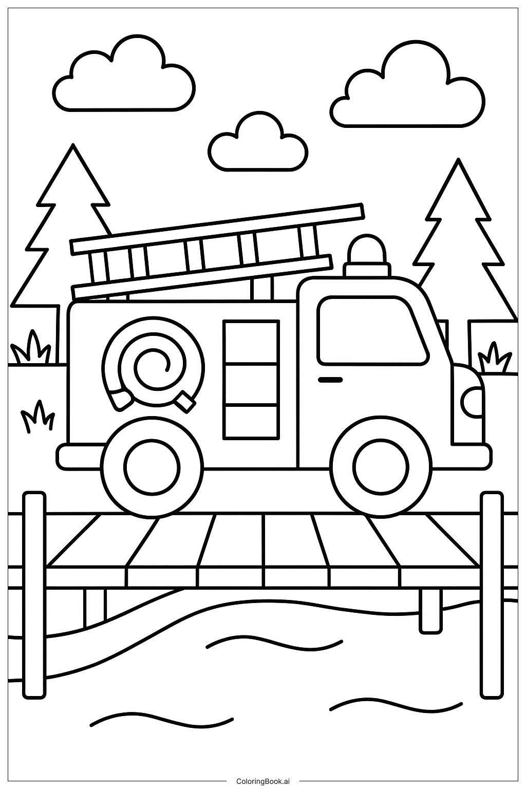  Page de coloriage Camion de pompiers traversant un pont en bois 