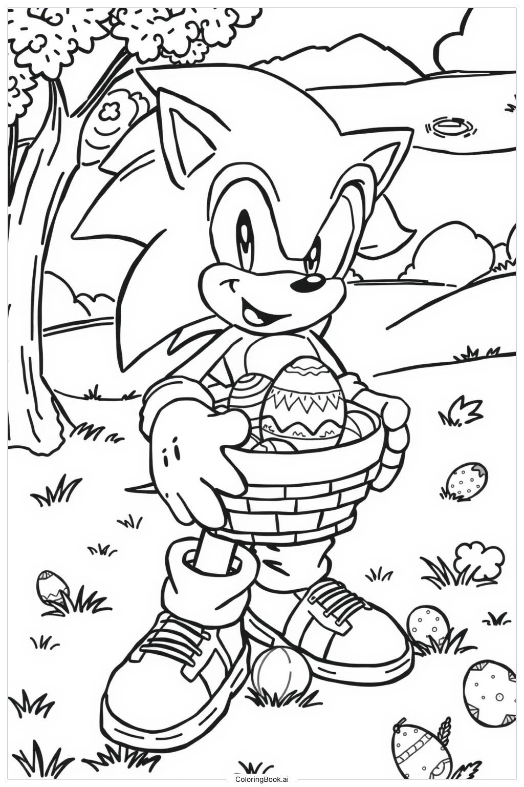  Página para colorir de sonic comemorando a Páscoa com uma cesta de ovos 