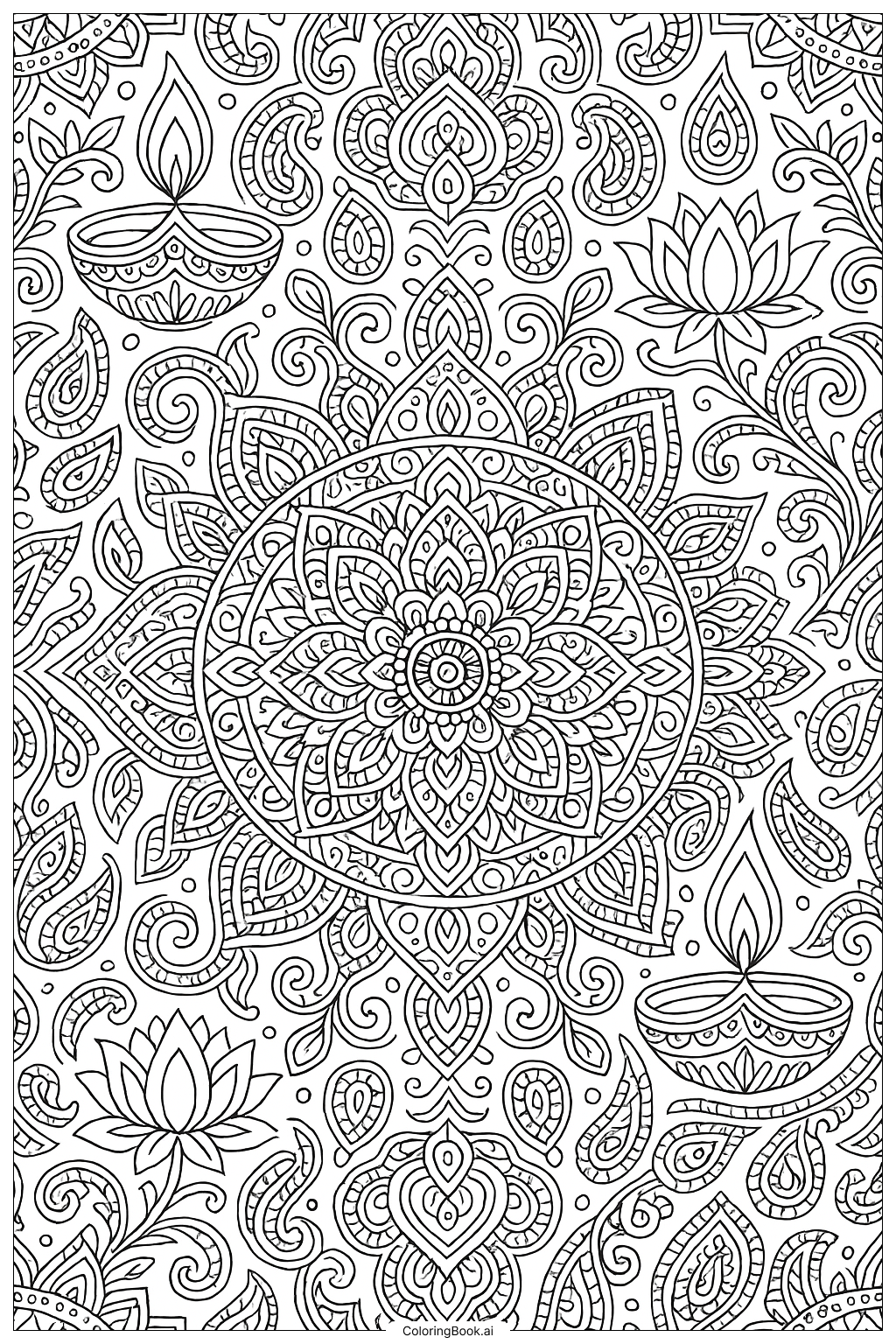 Trang tô màu Mẫu Mandala Diwali Tinh Xảo