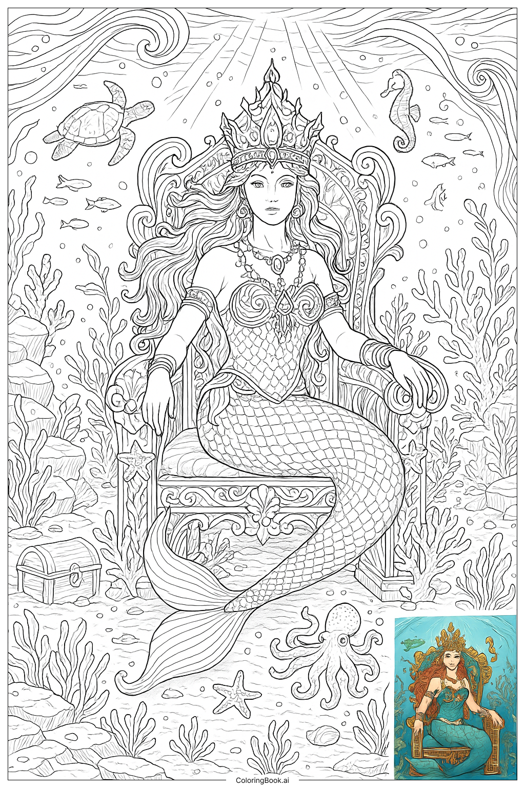  Mermaid Queen With Ornate Crown And Throne Coloring Page 