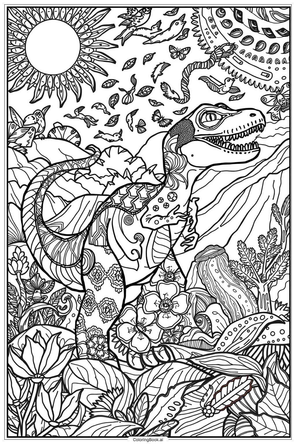  Dinosaur Rainbow Adventure Coloring Page 