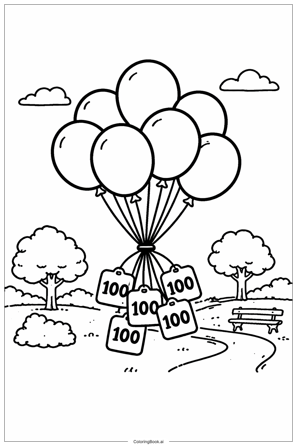  100th Day Of School Balloon Cluster Coloring Page 