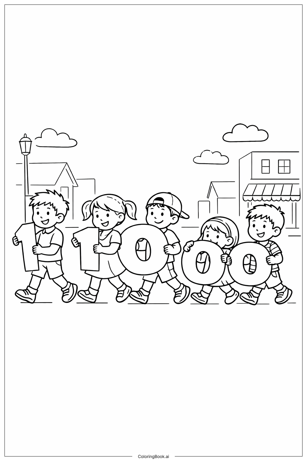  100th Day Of School Hundred Friends Parade Coloring Page 
