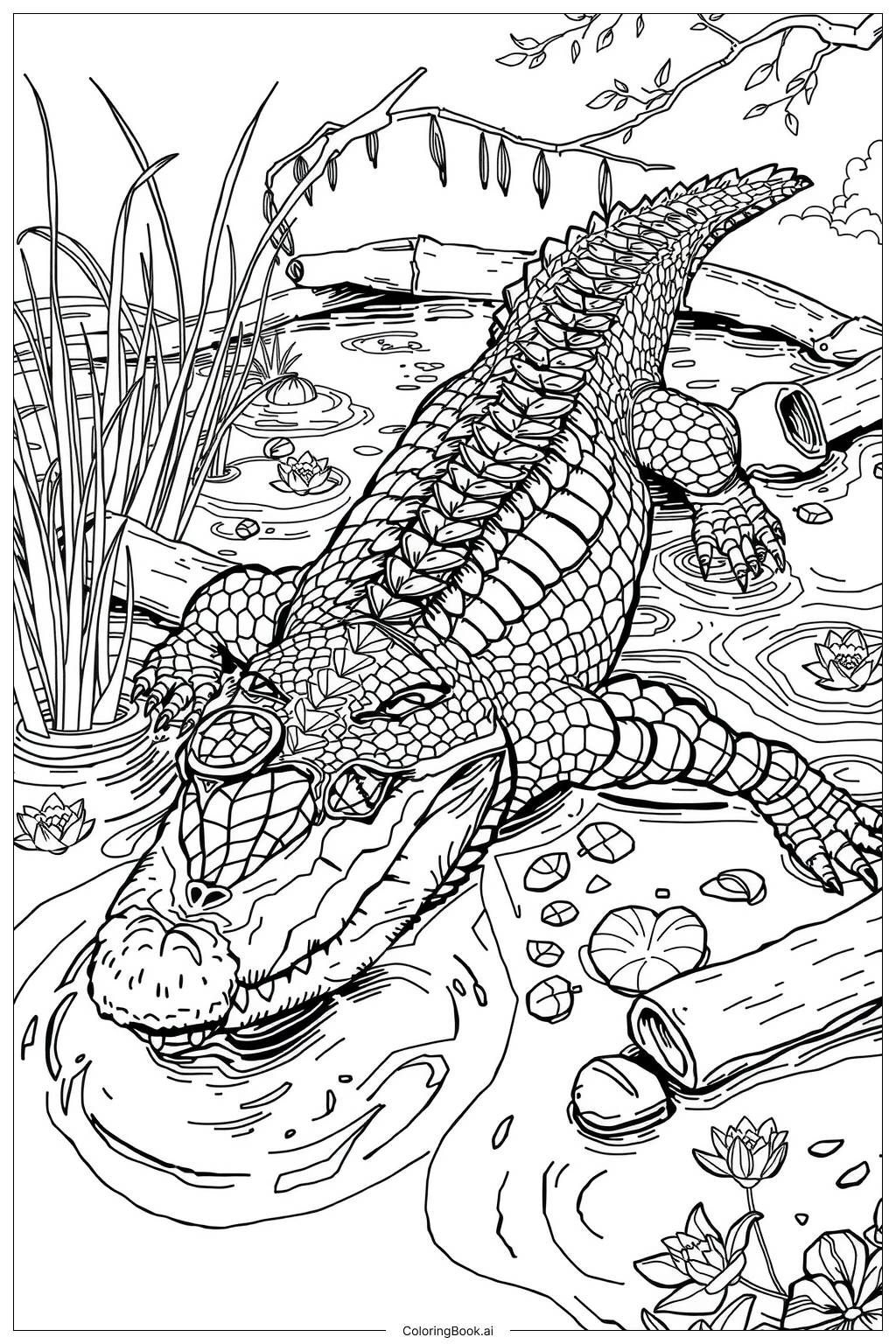  Página para colorir de Vida do Crocodilo na Selva 