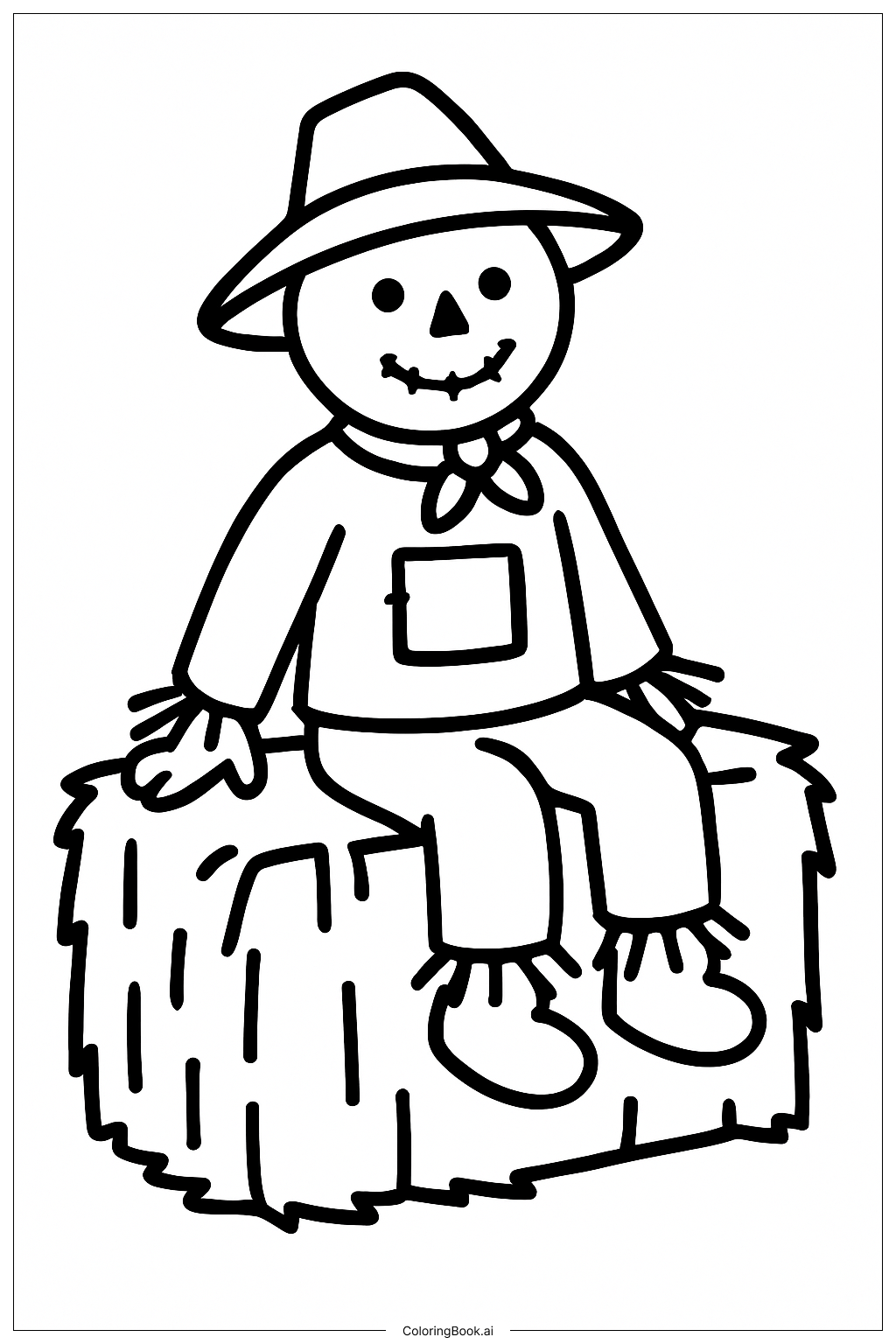  Página para colorear de Espantapájaros Sentado Sobre Un Fardo De Heno 