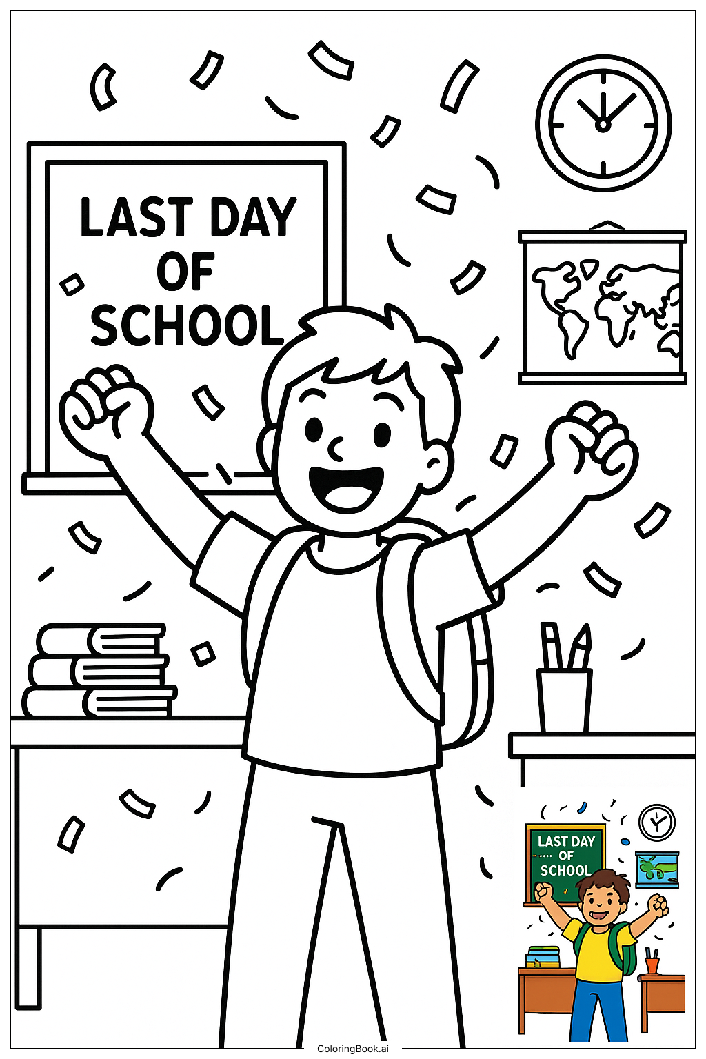  学校の最終日、両手を挙げた生徒の塗り絵ページ 