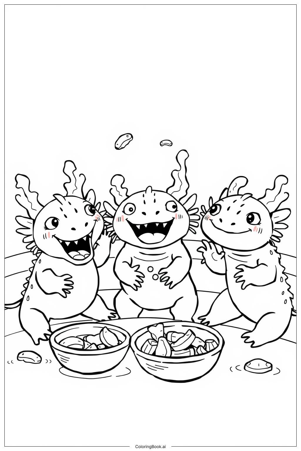  Page de coloriage Axolotl Affamé en Train de Manger 