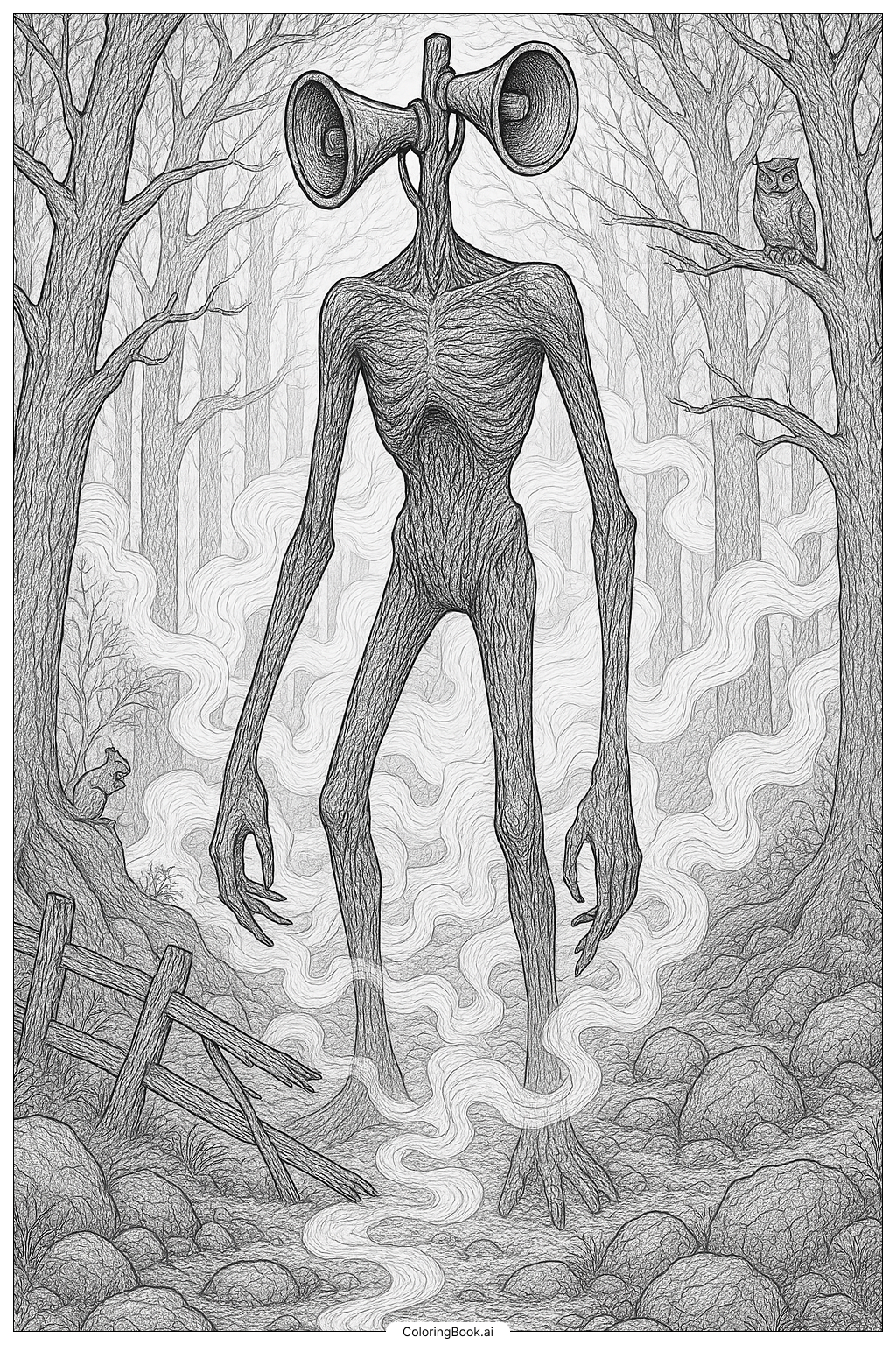  Page de coloriage Siren Head émerge du brouillard 
