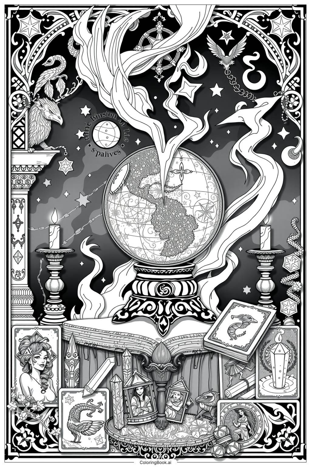  Page de coloriage sorcière boule de cristal 