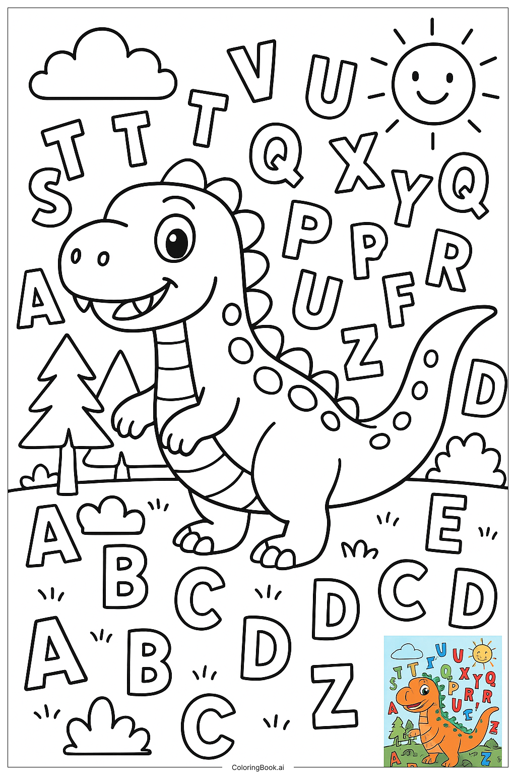  Page de coloriage Dinosaur Avec Lettres de l'Alphabet 