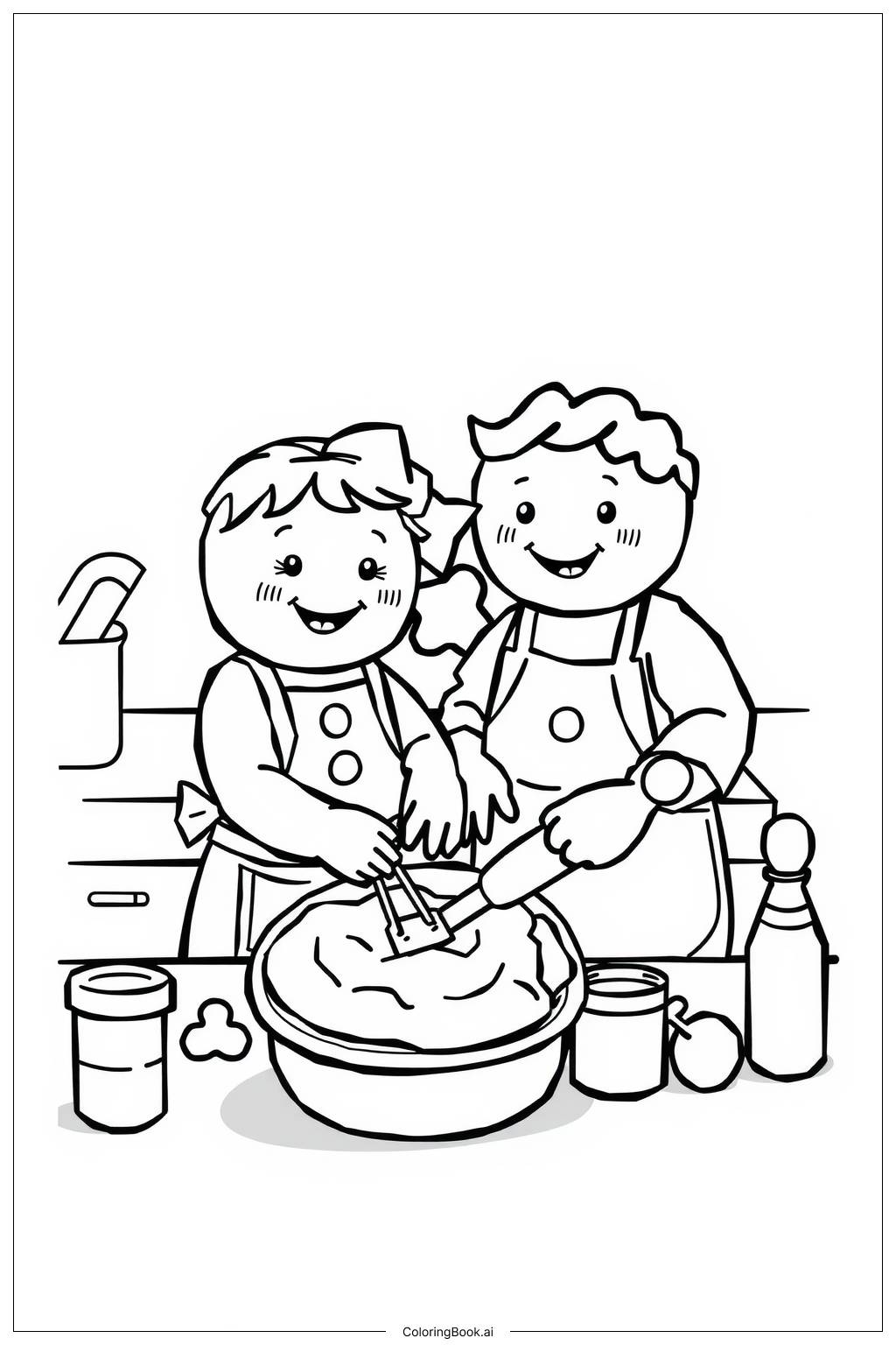  Gingerbread Kids Baking Scene Coloring Page 