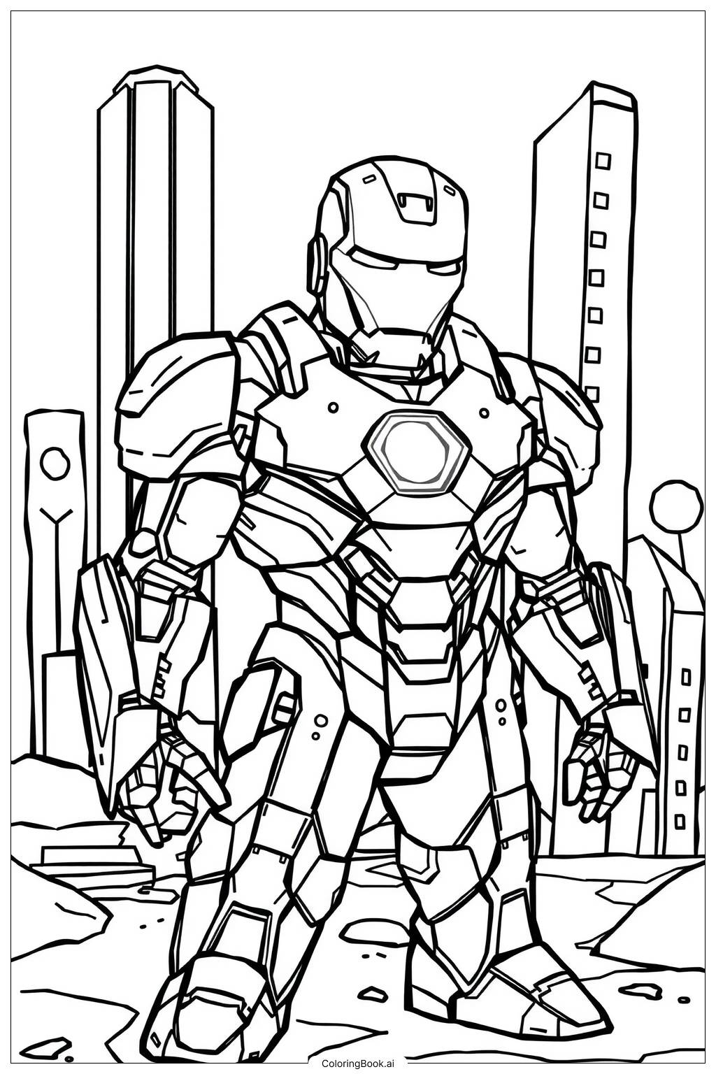  Iron Man in a Cityscape Coloring Page 