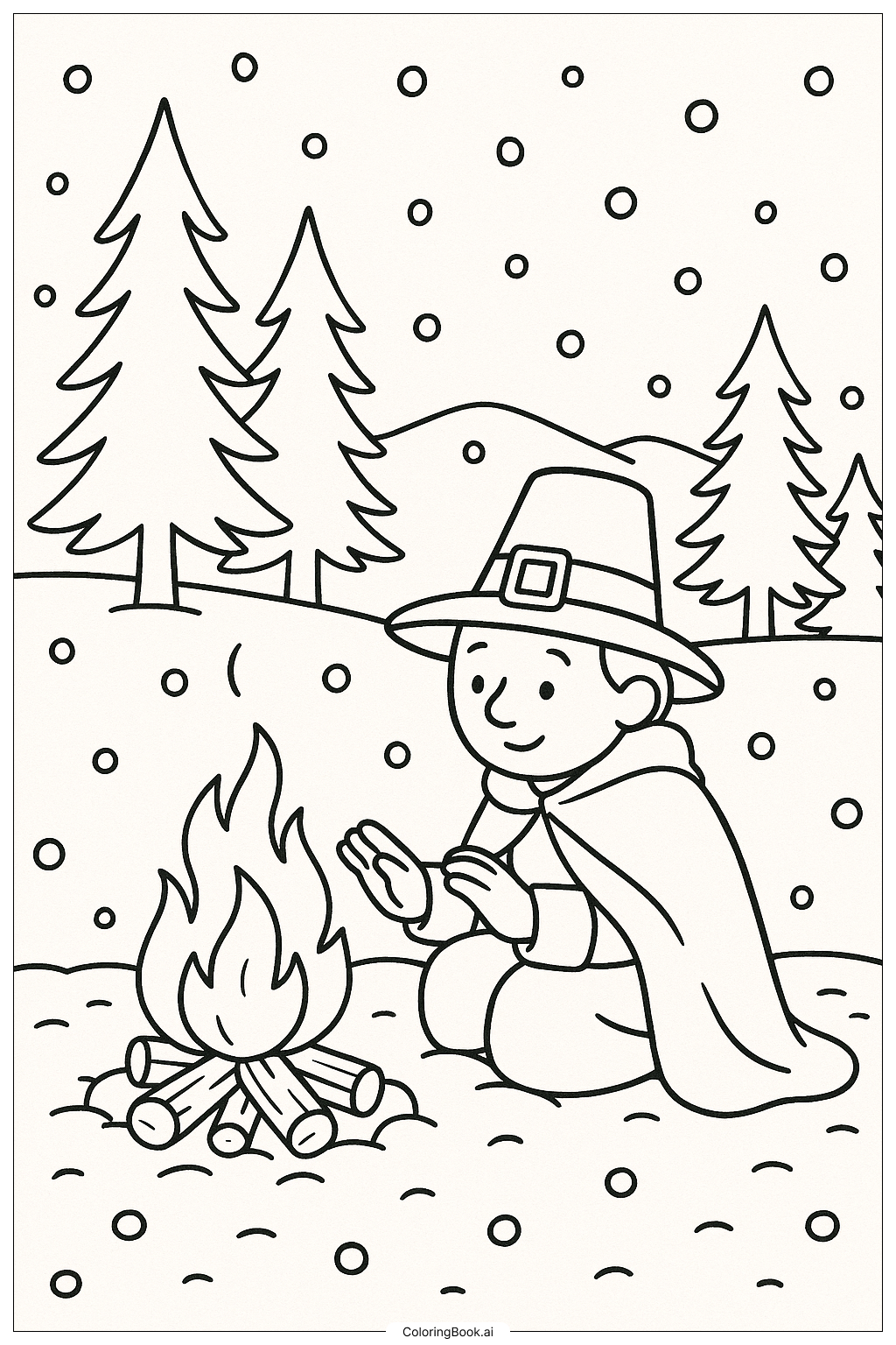  겨울에 불 옆에 웅크린 순례자 색칠공부 페이지 