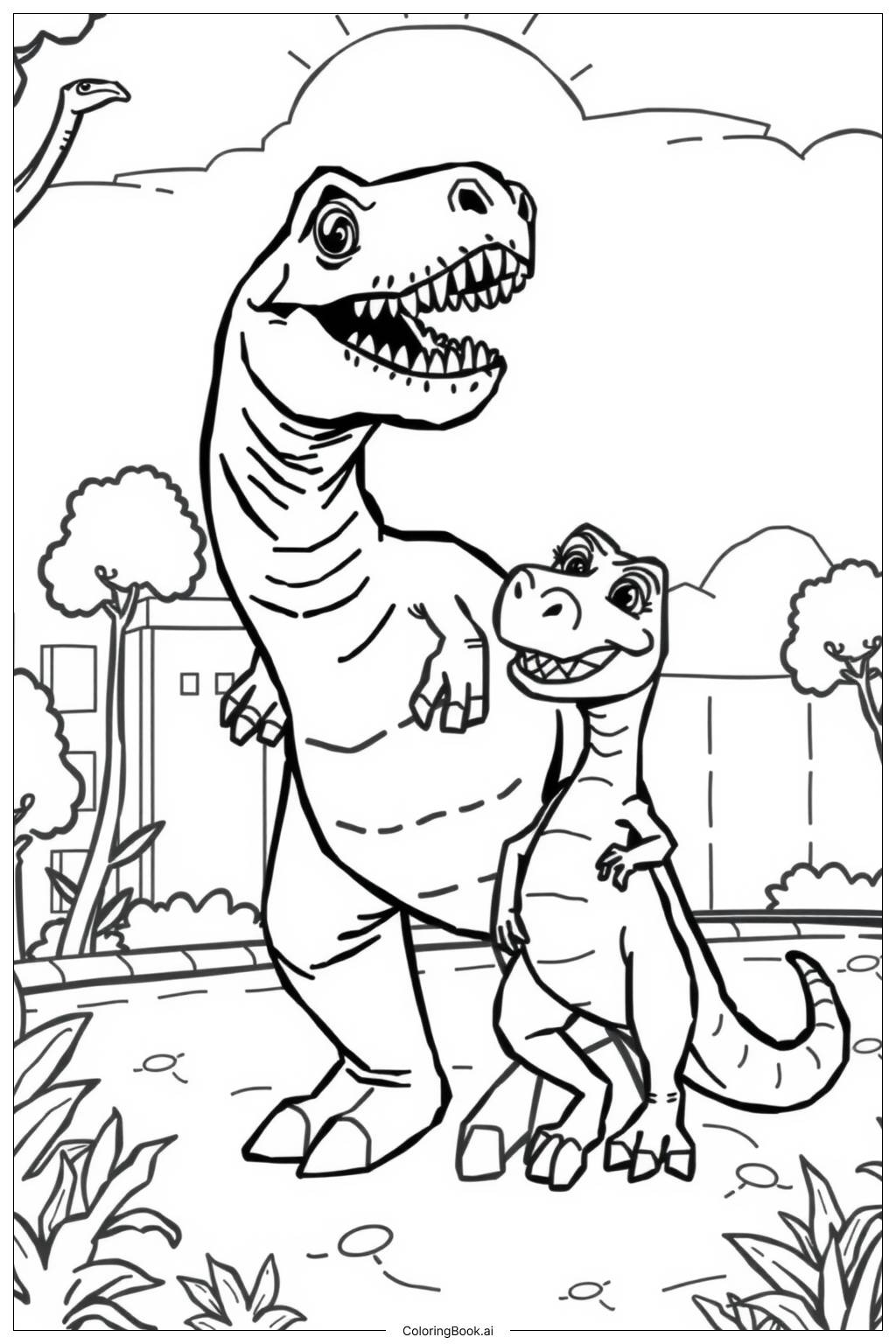  Página para colorear de Jurassic World Dinosaurios en Entorno Urbano 