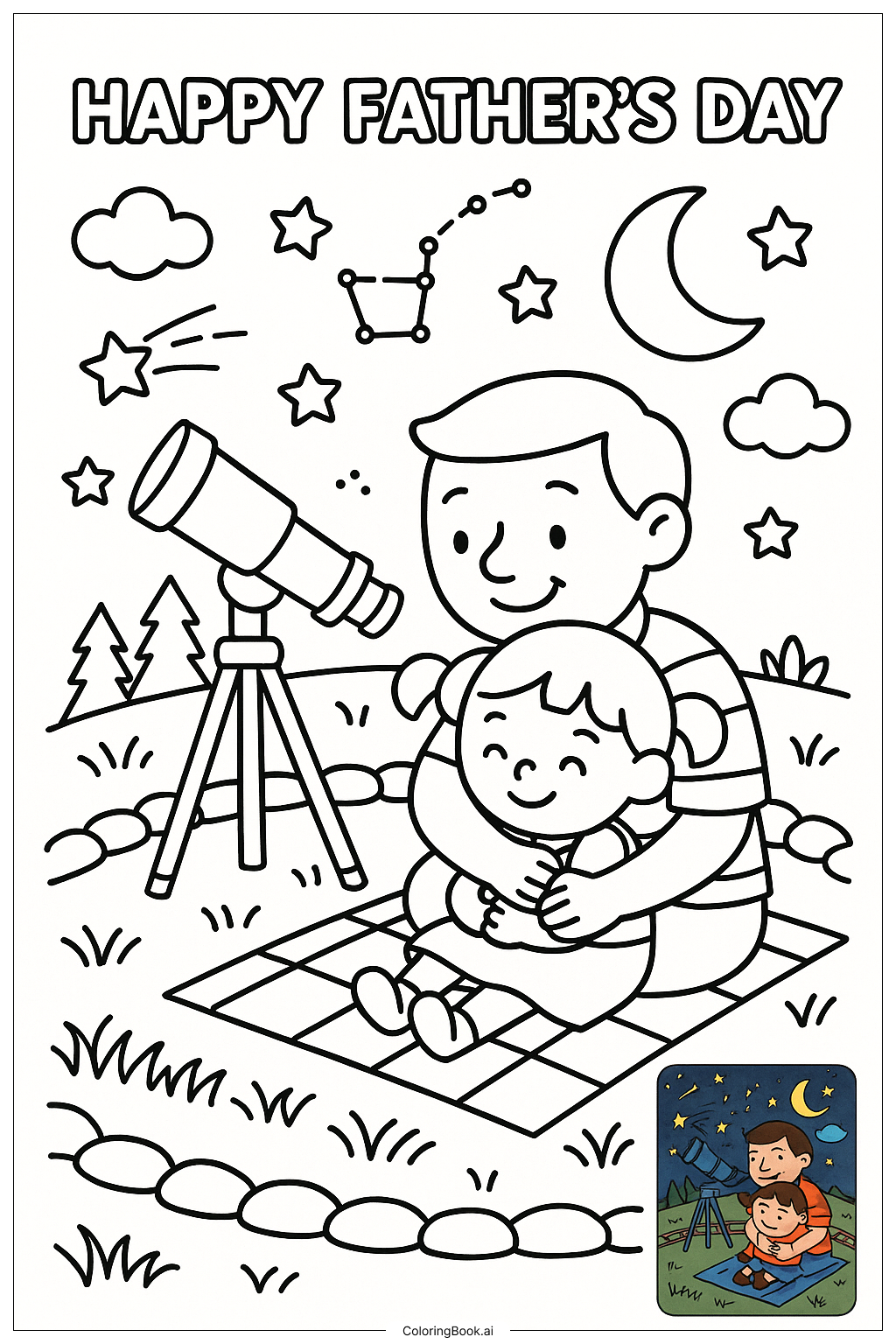  Página para colorir de Dia dos Pais Observação de Estrelas com Telescópio 