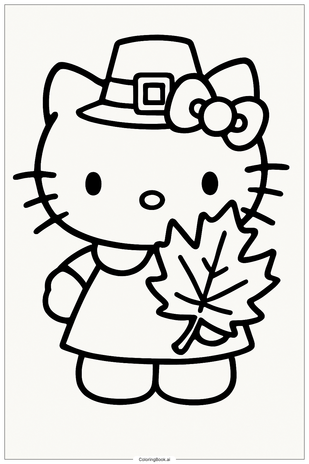  Hello Kitty hält ein Blatt zum Erntedankfest Ausmalseite 