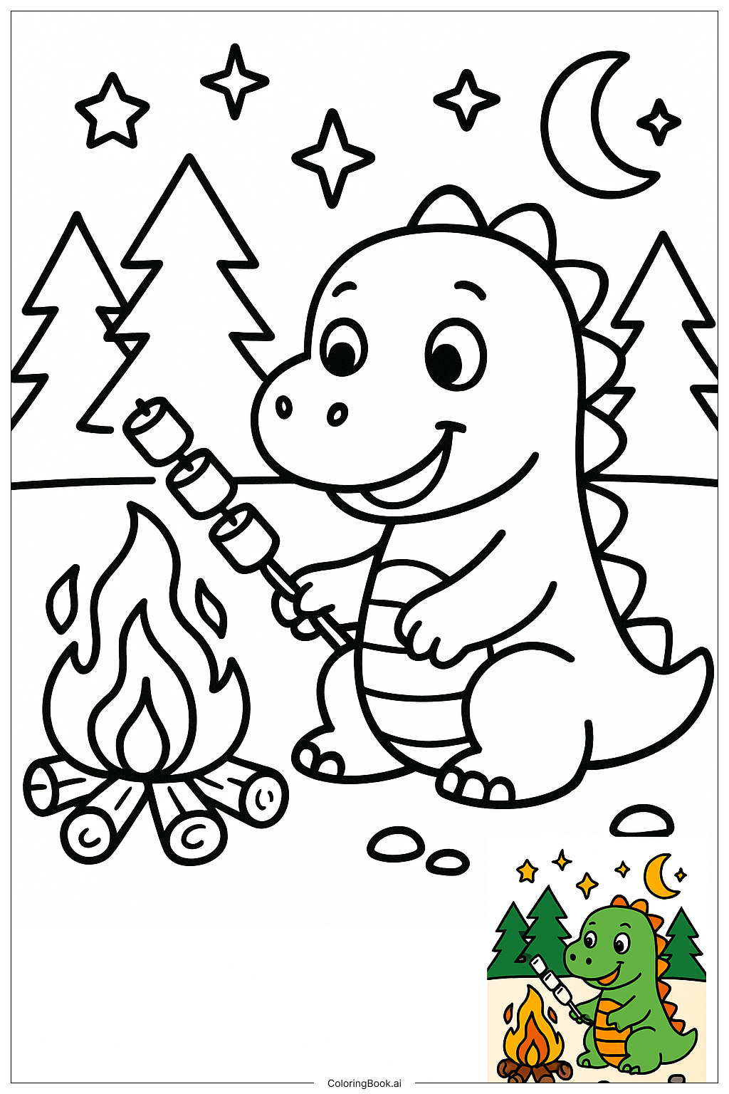  Page de coloriage Dinosaure au feu de camp 