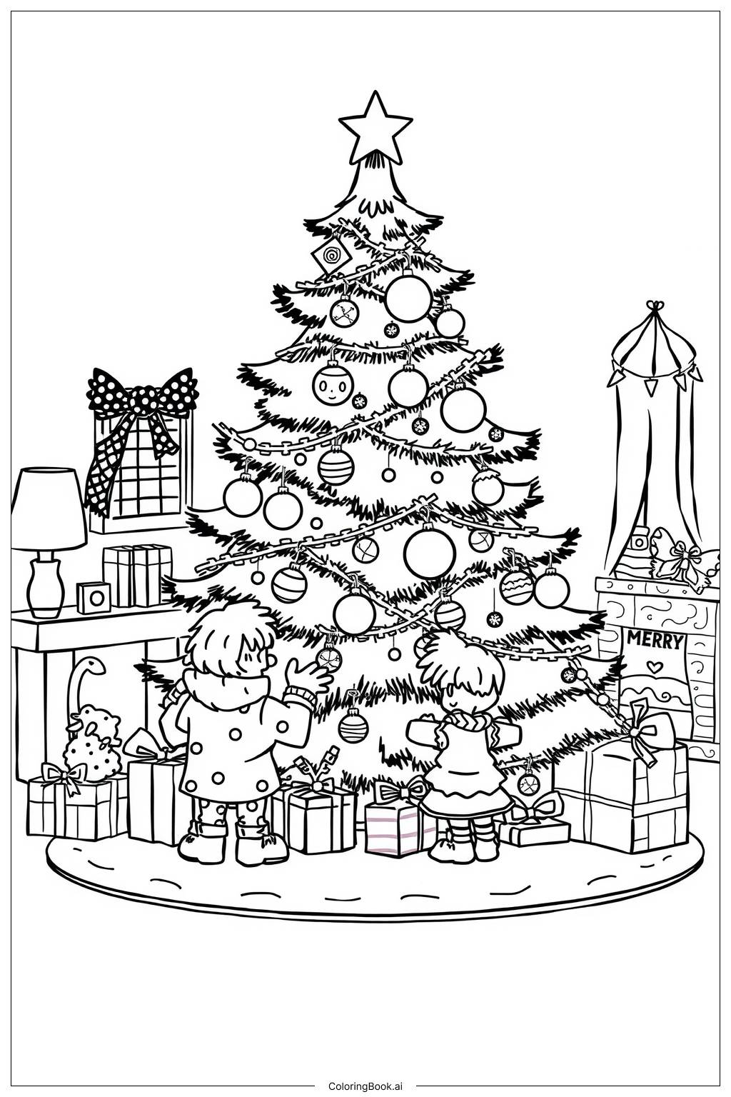  Christmas Tree Family Gathering Coloring Page 