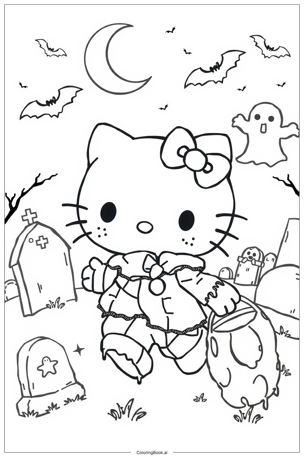  Página para colorir de hello kitty celebrando o halloween como um zumbi fofo-2 