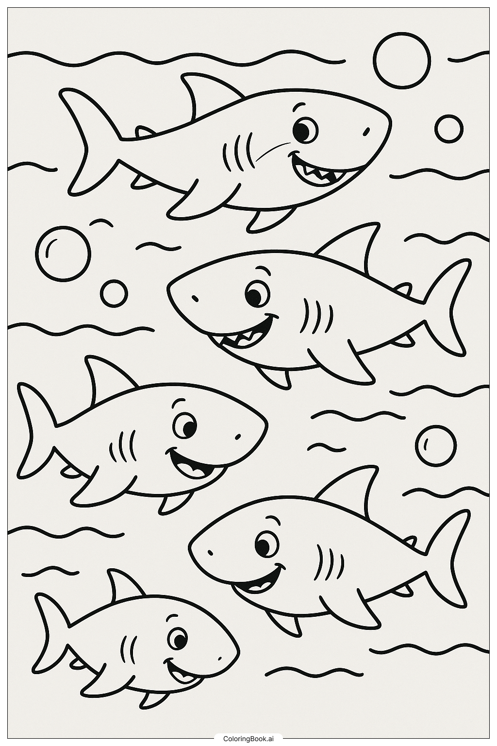  一群鲨鱼在海洋中填色页 