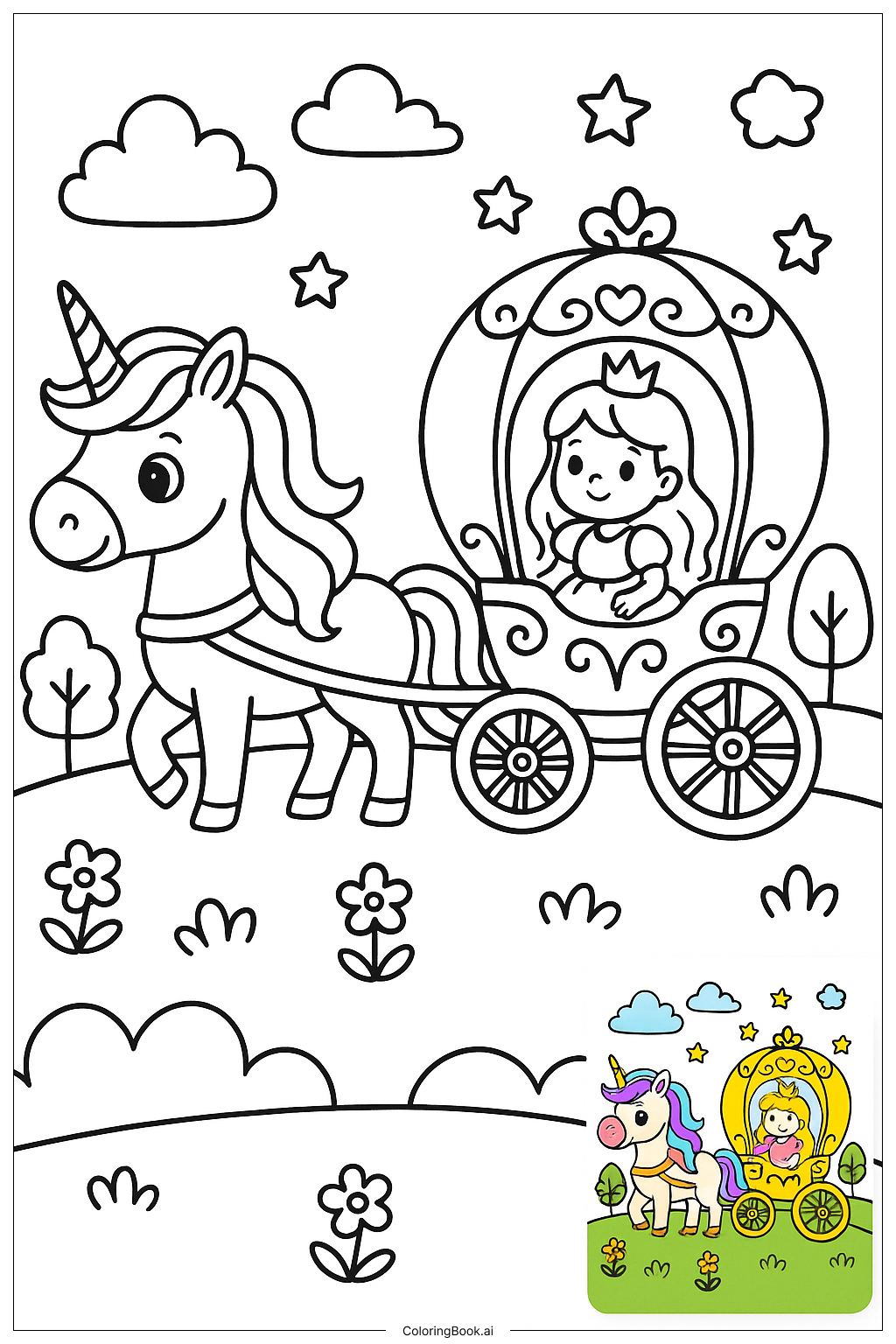  Prinzessin Einhorn, die in einer silbernen Kutsche fährt Ausmalseite 