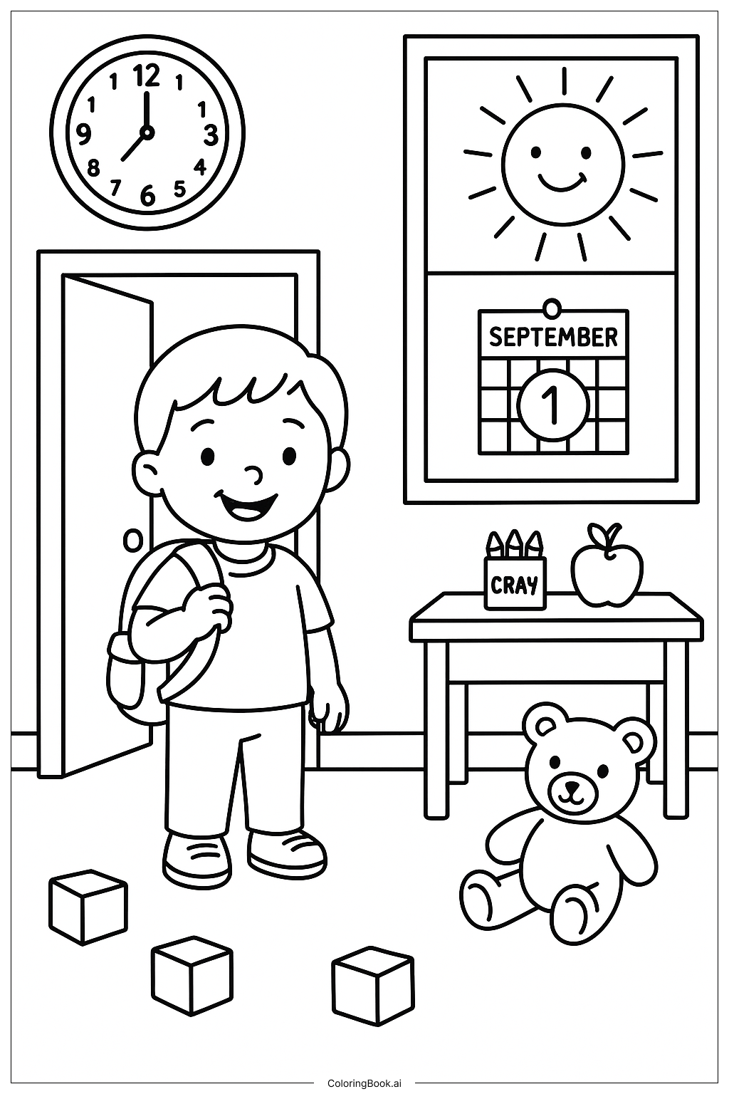  幼儿园第一天与时钟和日历填色页 
