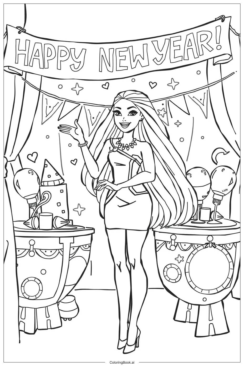  Page de coloriage Barbie faisant la fête sous une banderole de Nouvel An 2025 