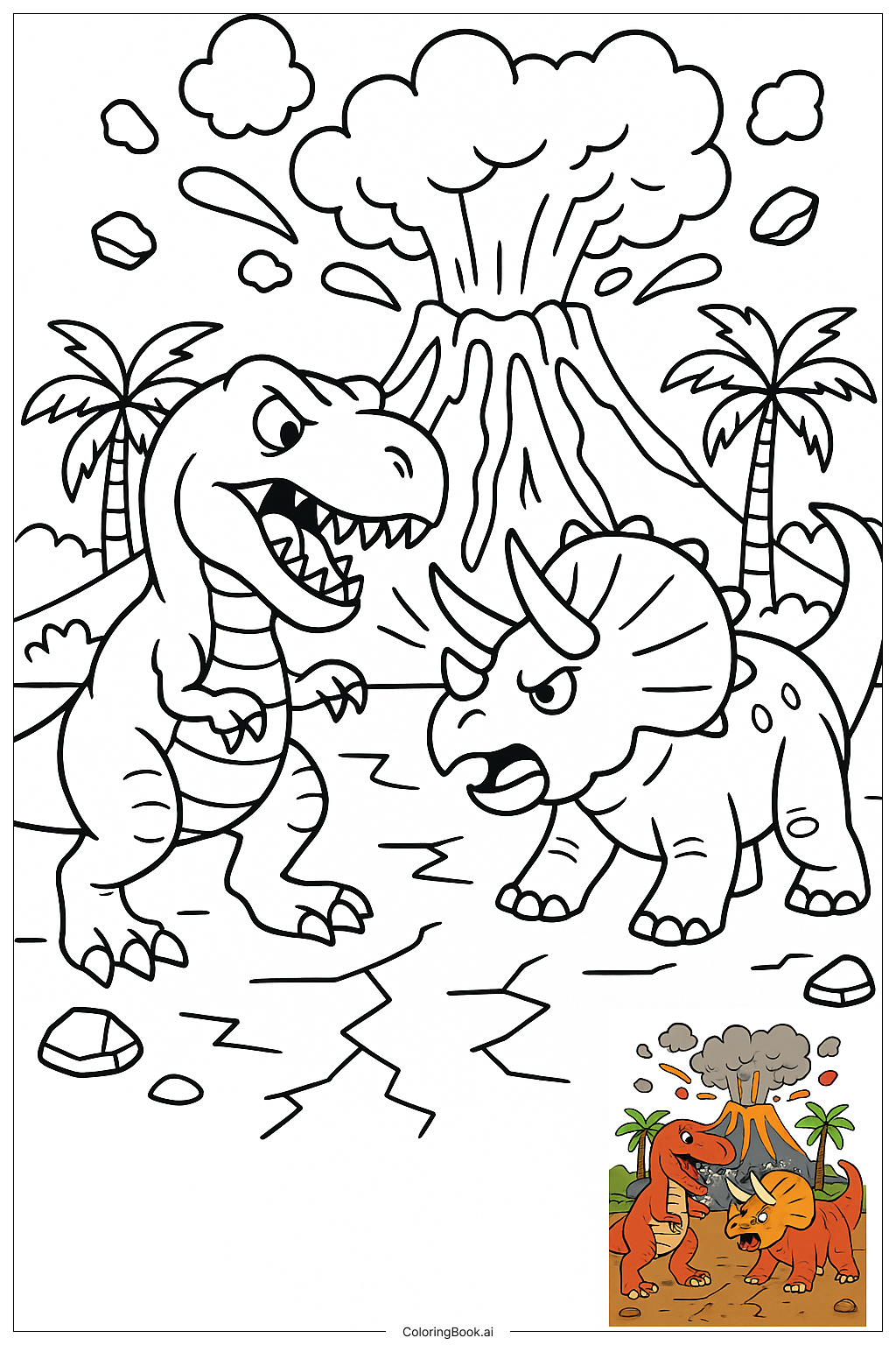  Page de coloriage Bataille de dinosaures avec fond de volcan 