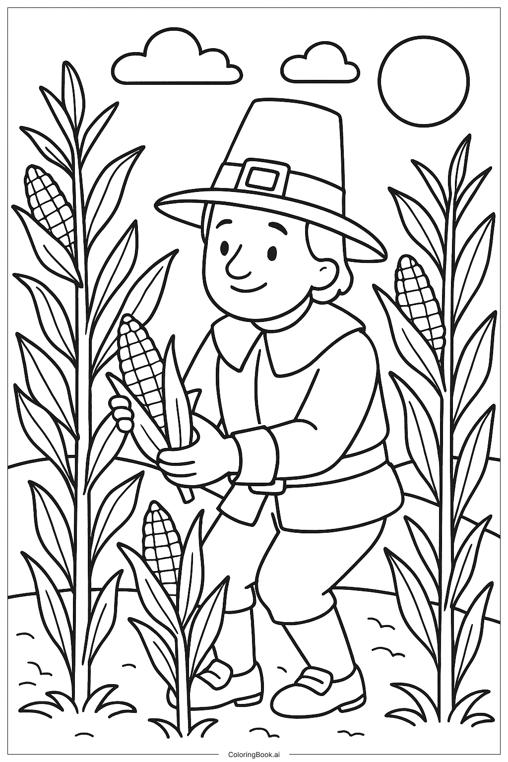  밭에서 옥수수를 수확하는 필그림 색칠공부 페이지 