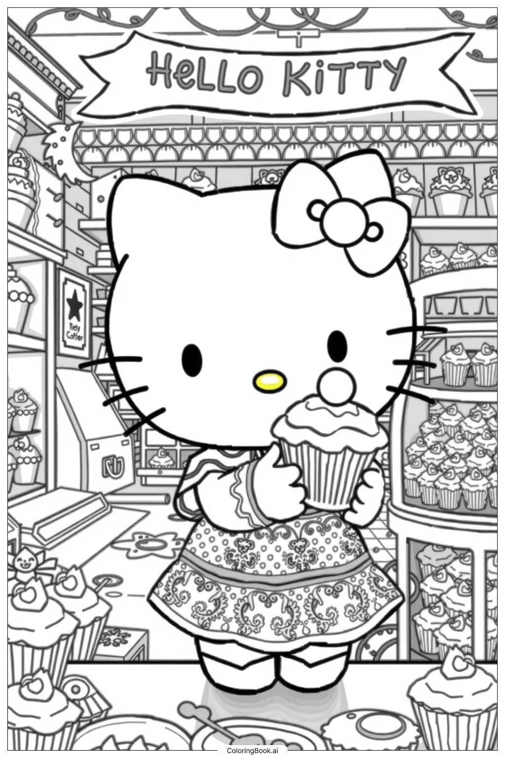  Página para colorir de hello kitty com um cupcake 