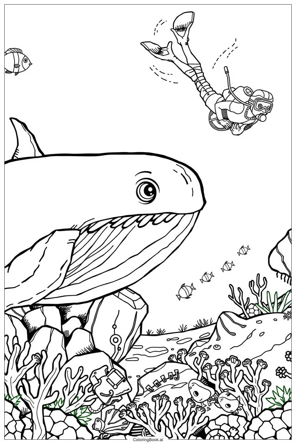  Page de coloriage Aventure de Baleine avec un Plongeur Curieux -2 