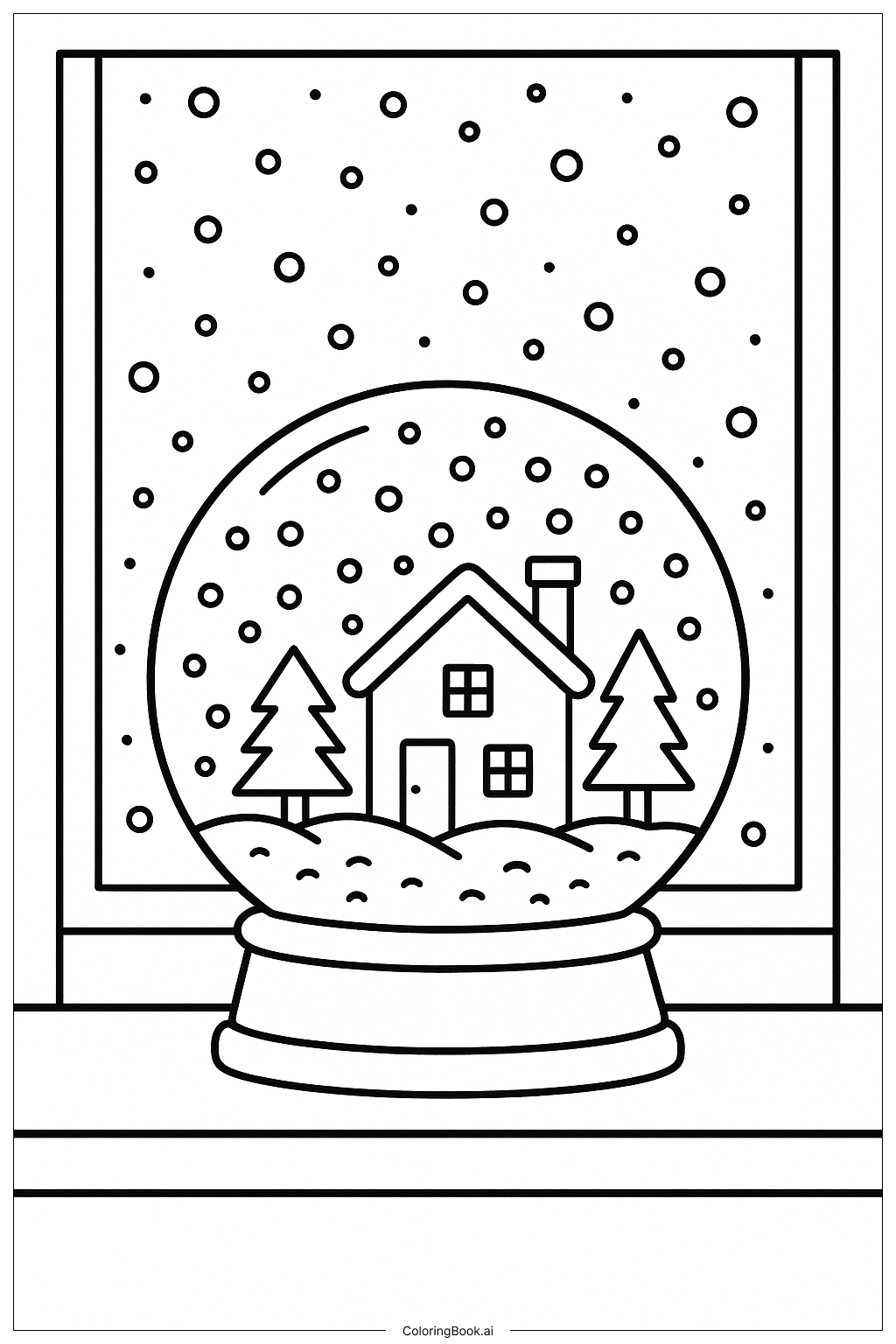 窓辺のスノーグローブの塗り絵ページ