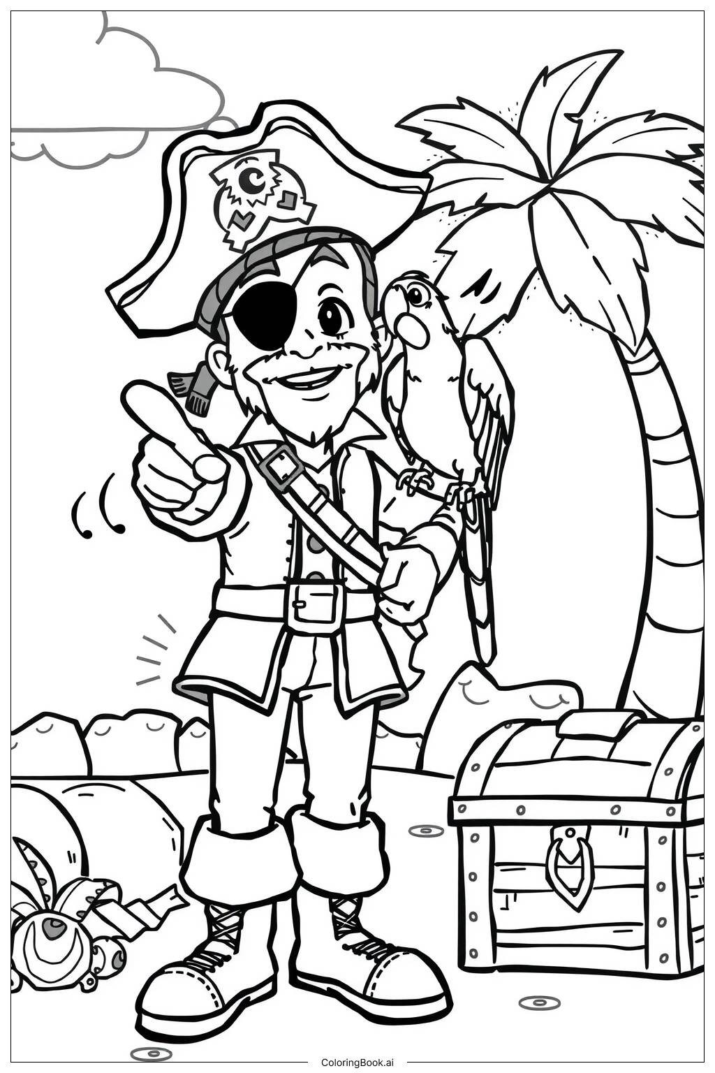  Page de coloriage Un perroquet et un pirate en aventure ensemble 