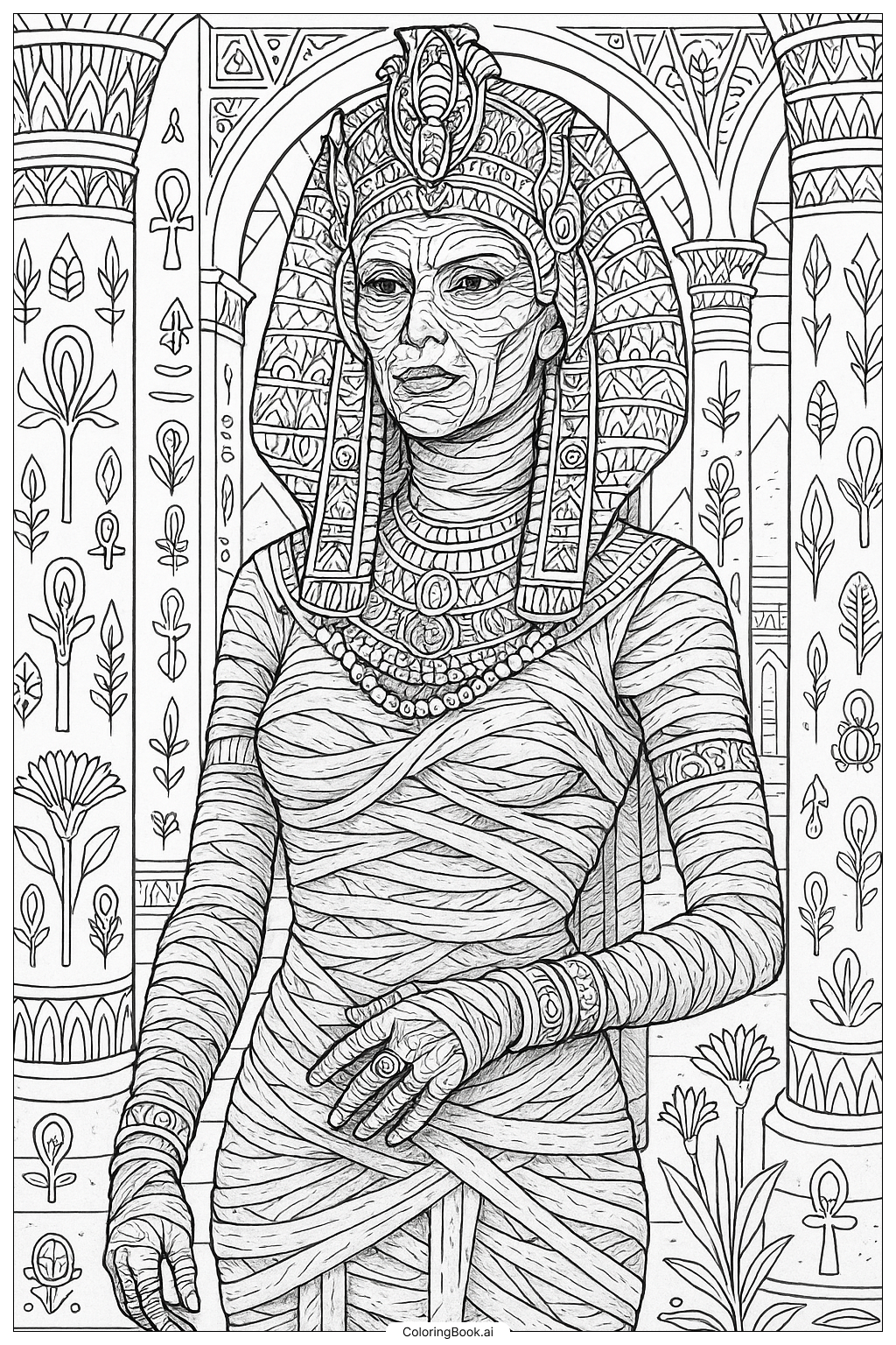  A Mummy Queen With Ornate Headdress Coloring Page 