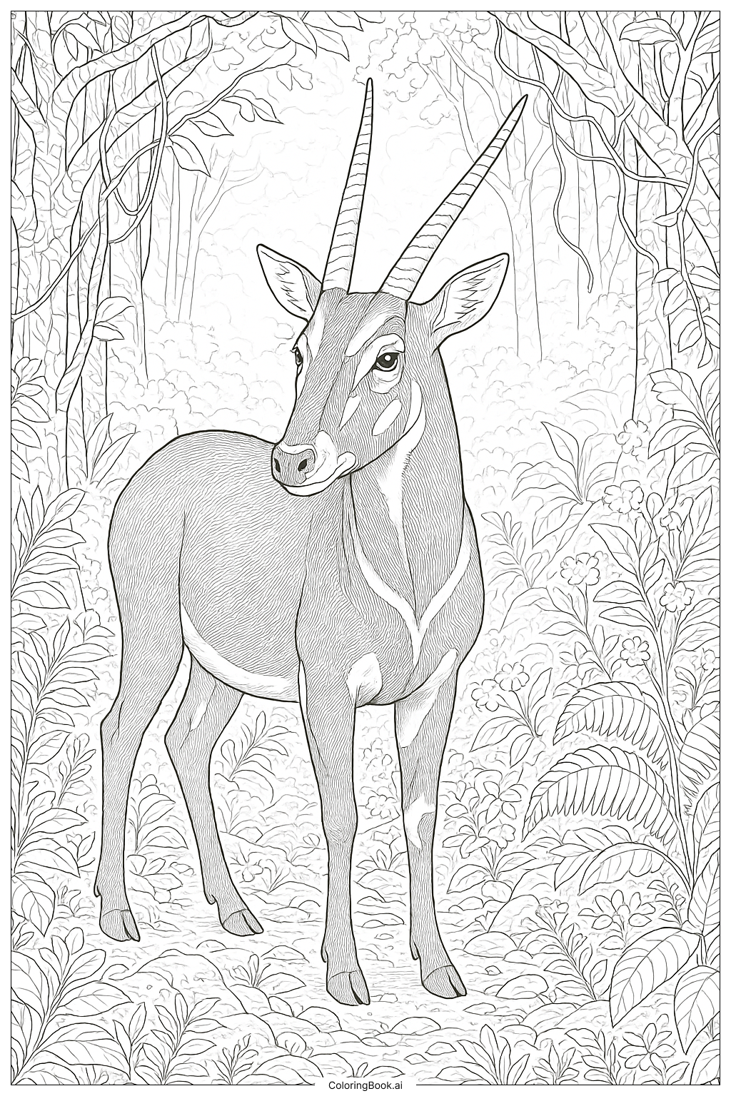 Ein majestätischer Saola im nebligen Wald Ausmalseite