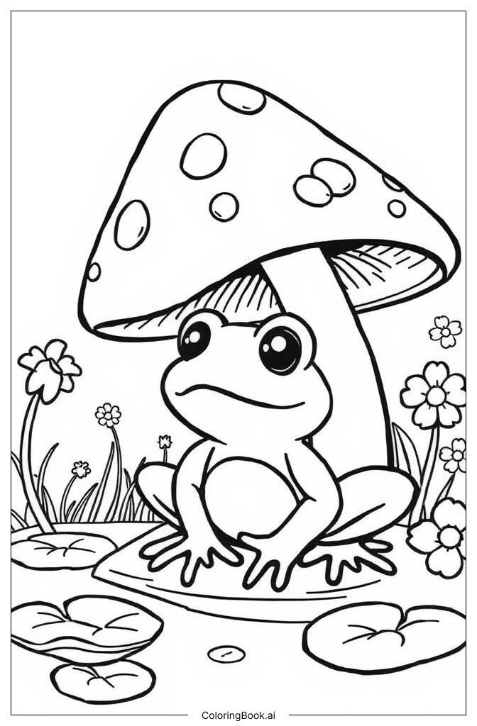  Page de coloriage Grenouille sous un champignon 