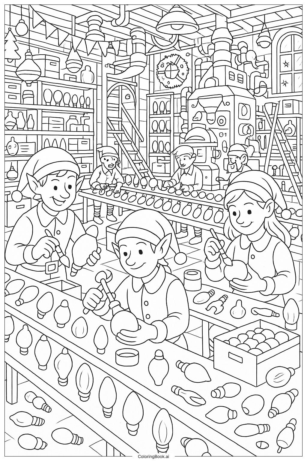  크리스마스 전구 공장 워크숍 색칠공부 페이지 