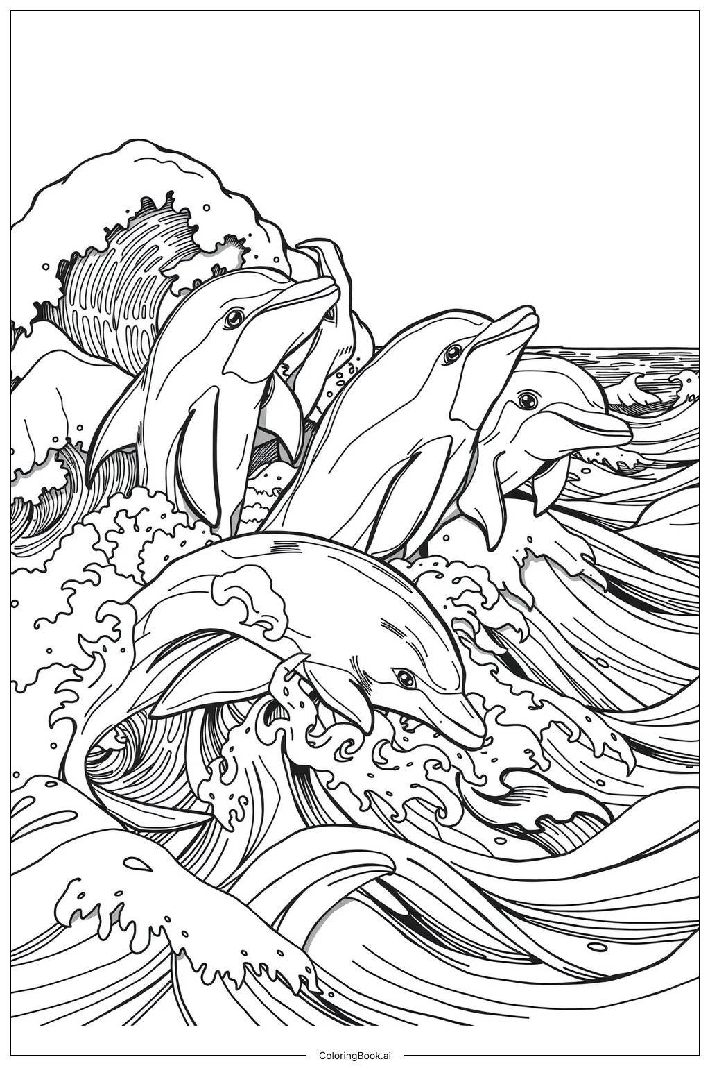  Page de coloriage Dauphins Joyeux Surfant sur les Vagues 