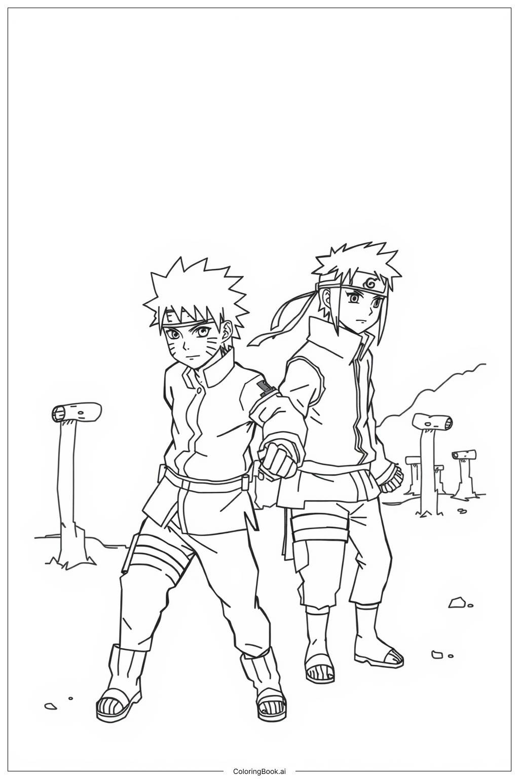  Página para colorir de Naruto e Sasuke Treinando Juntos 