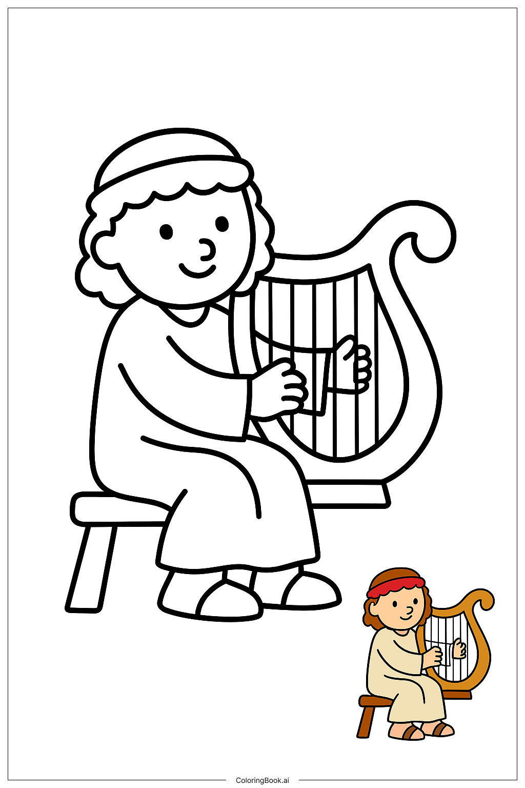  Página para colorear de Biblia David tocando el arpa 