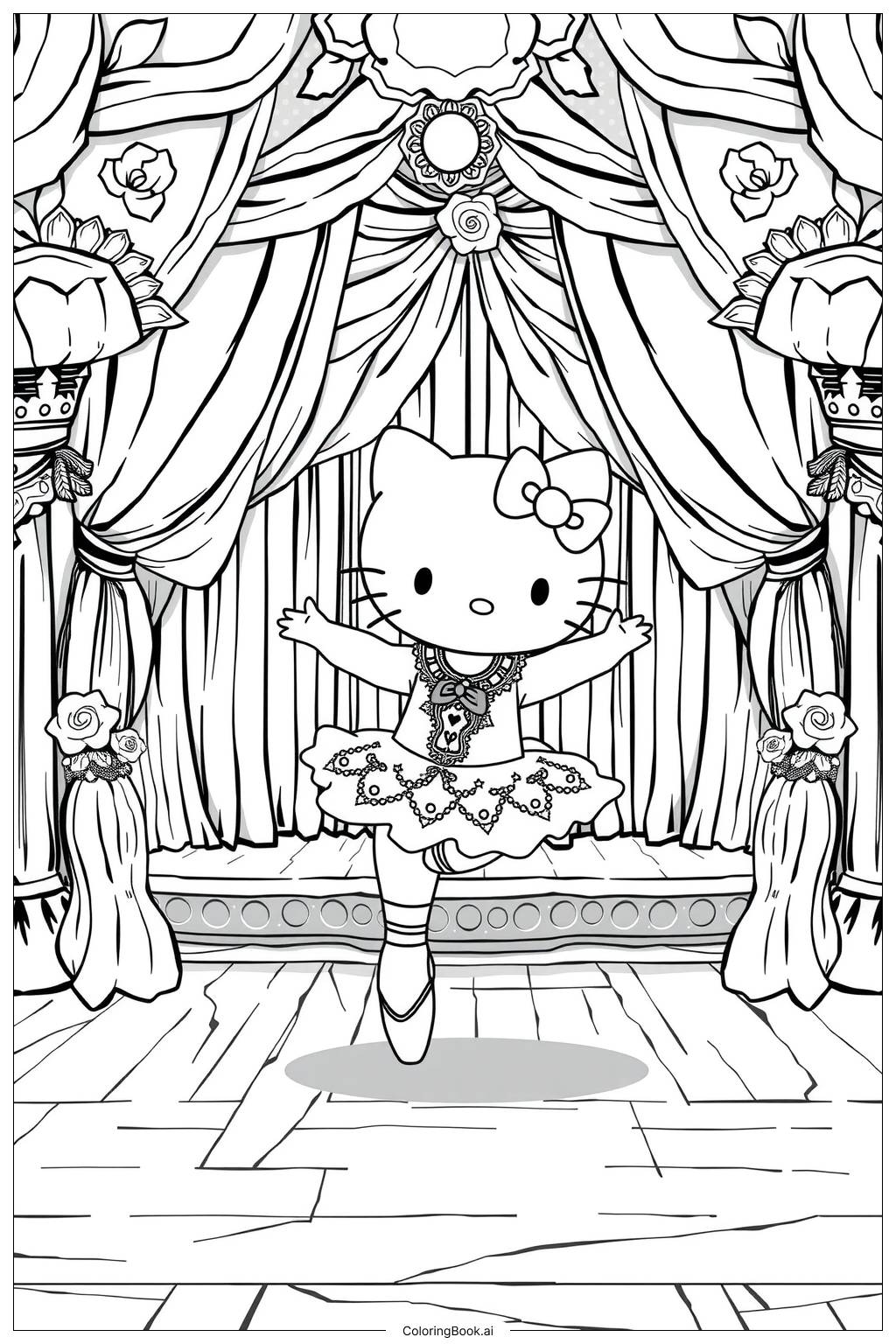  Página para colorir de hello kitty vestida de bailarina 