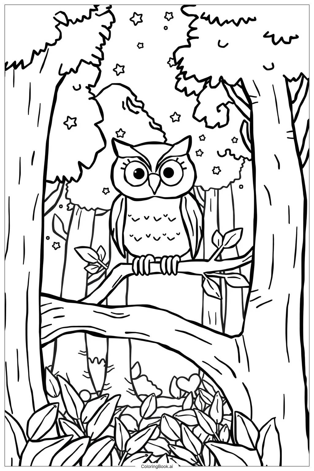  Owl in Enchanted Forest Coloring Page 