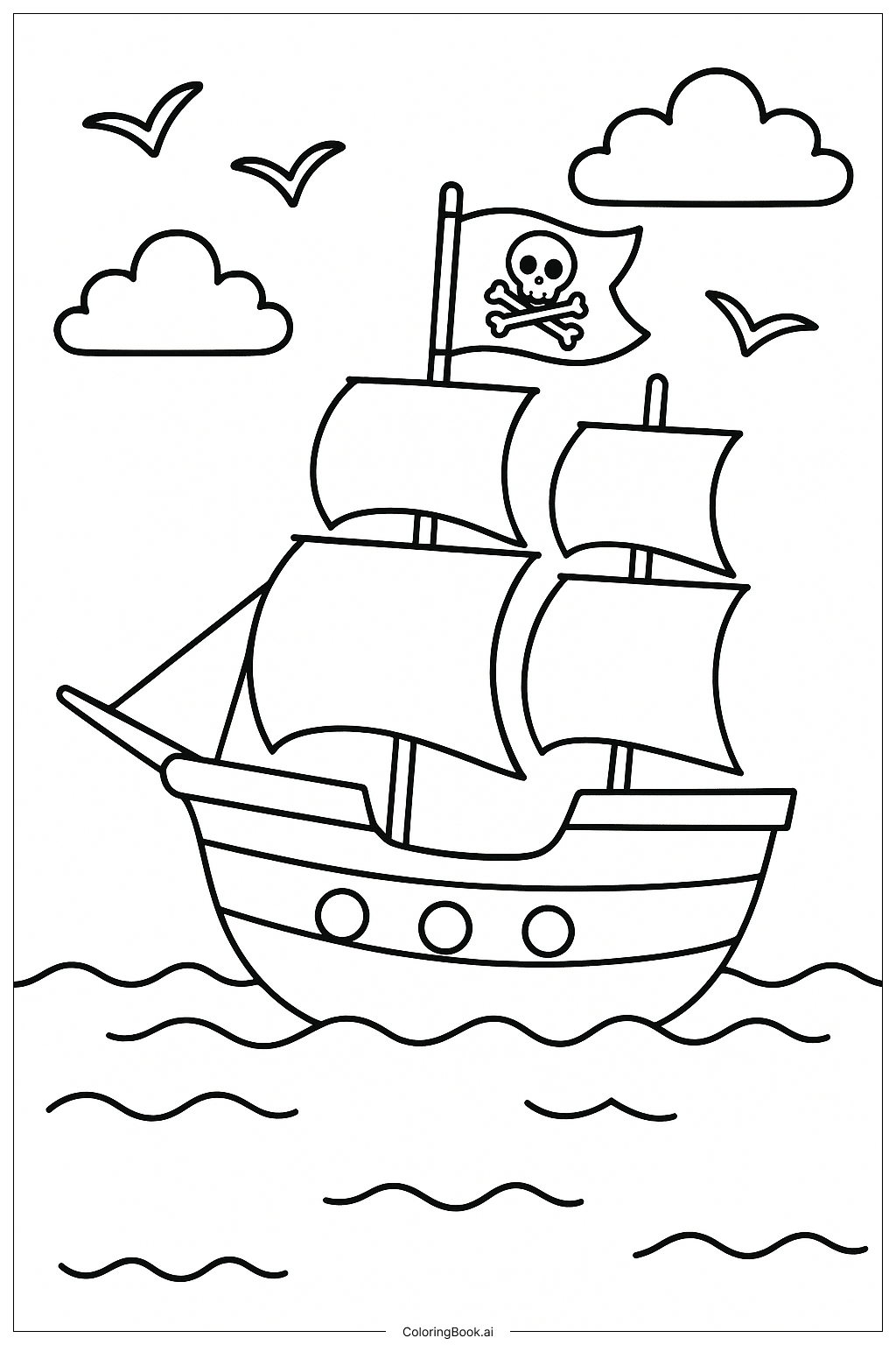  海洋上的海盗船填色页 