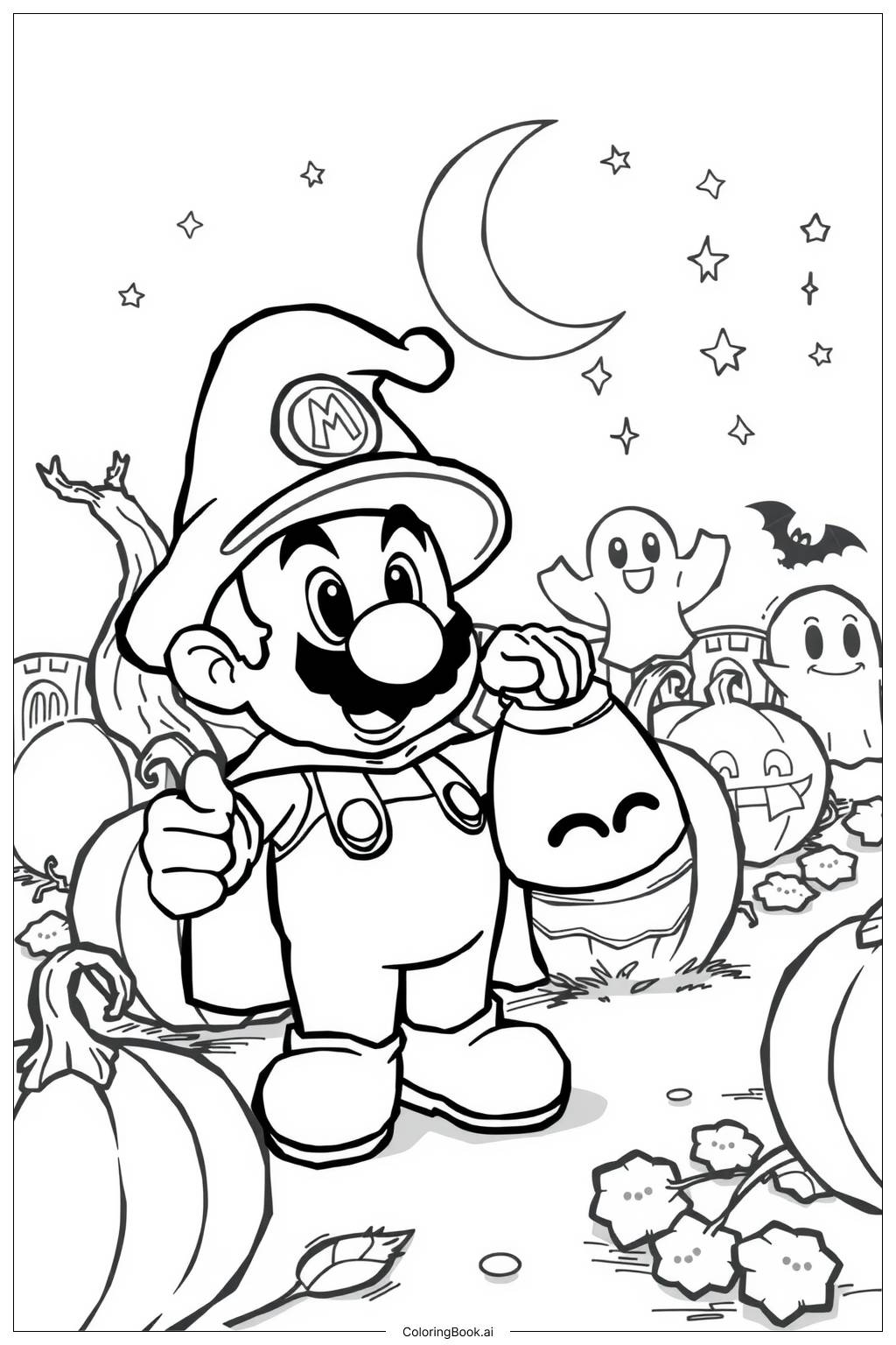  Page de coloriage Mario dans une scène d'Halloween avec des fantômes et des citrouilles 