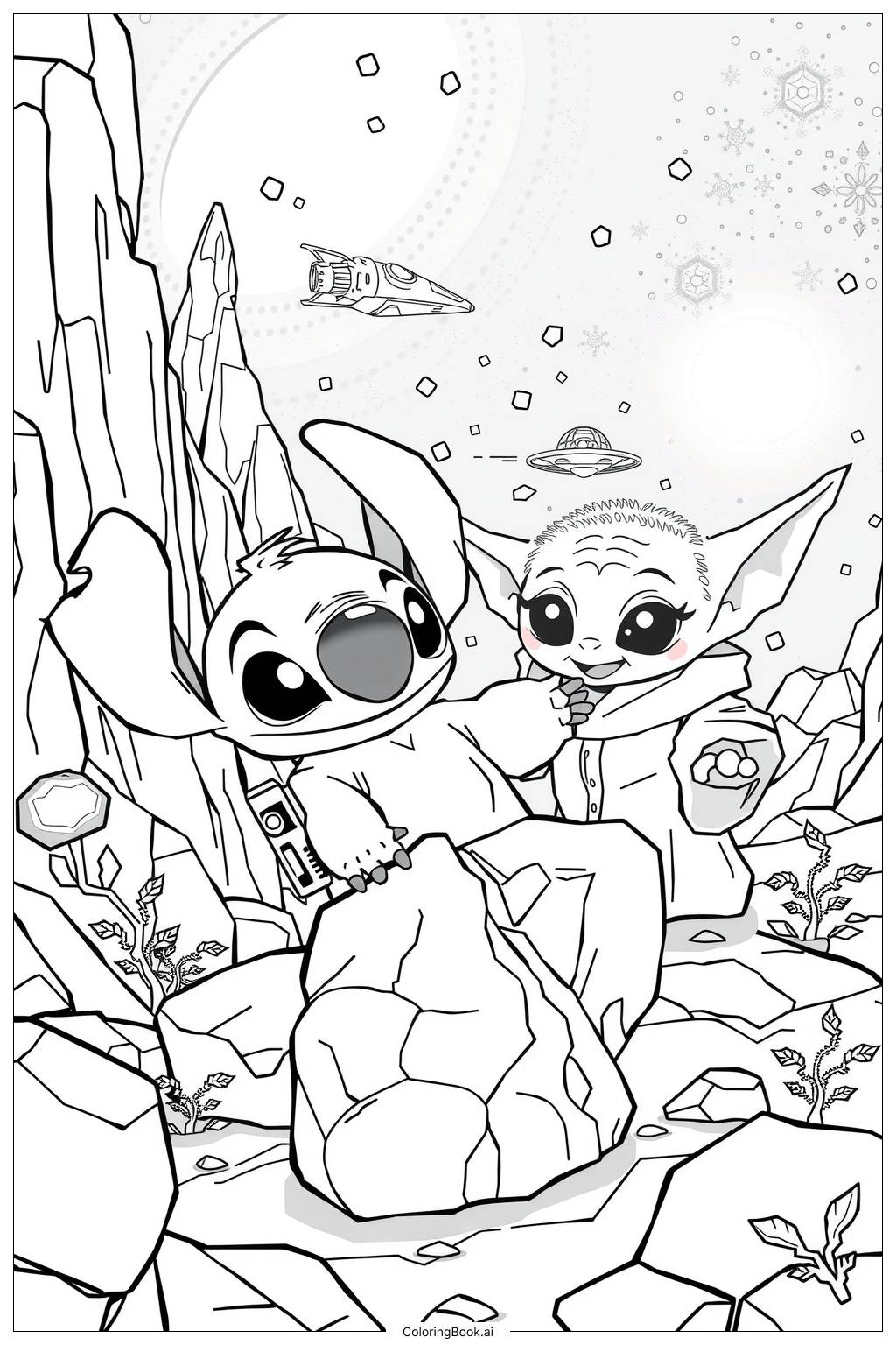  Página para colorir de Aventura do Stitch e do Baby Yoda-2 