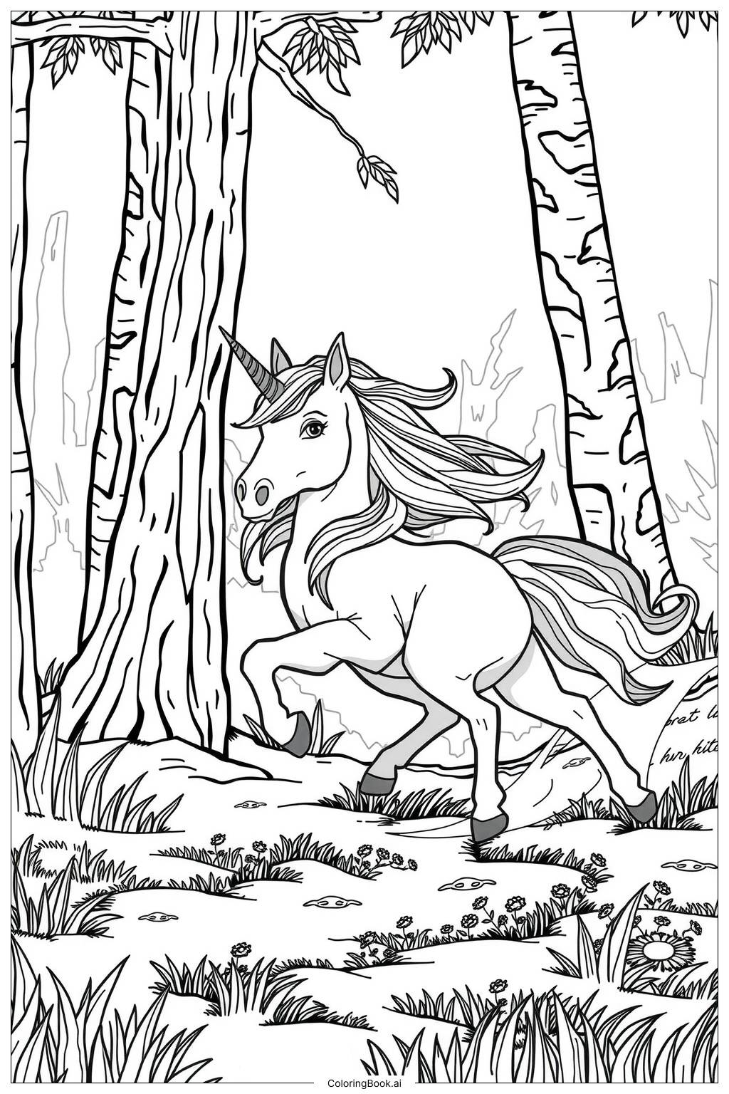  Page de coloriage licorne réaliste courant à travers une forêt brumeuse-2 