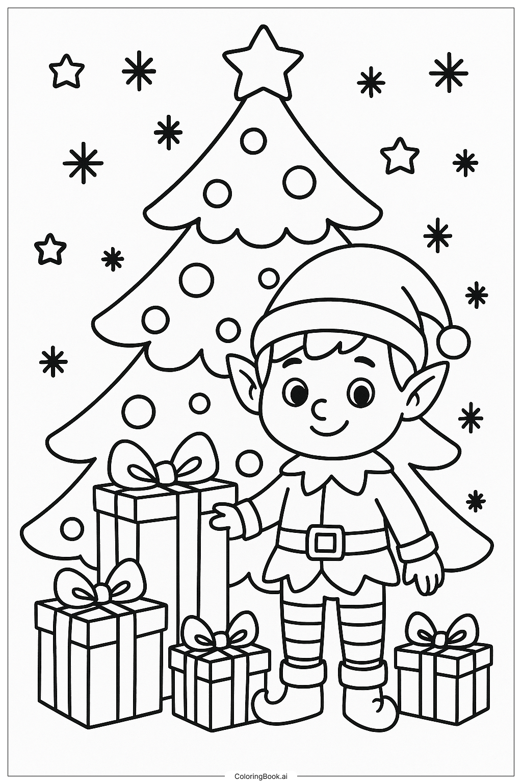  Christmas Elf Guarding Presents填色页 